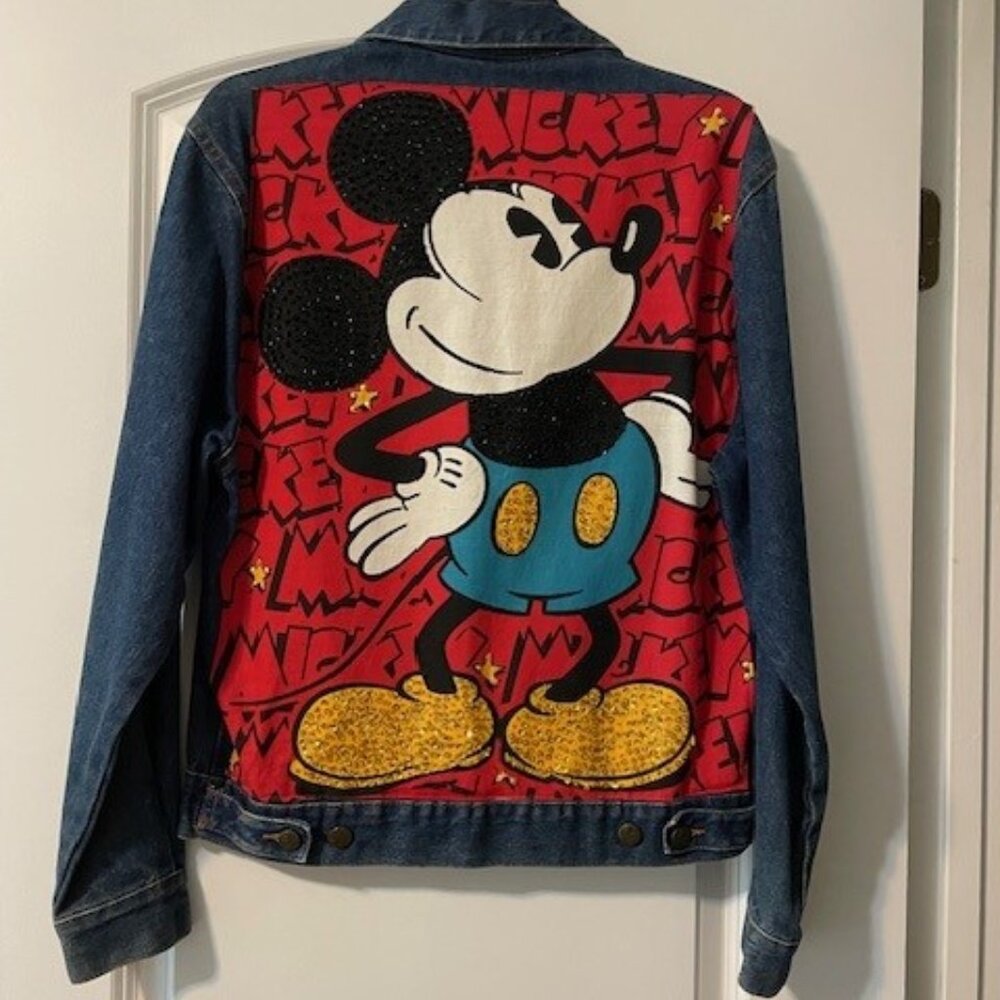 Disney Mickey Mouse Sequined Denim Jacket Sz Small Excellent Condition